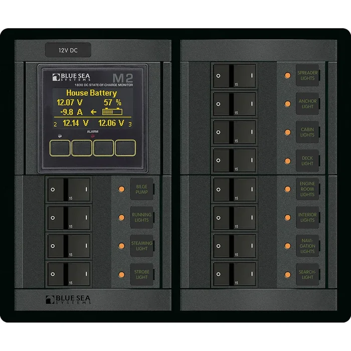 Blue Sea 1496 – 360 Panel – 12 Position 12V Flat Rocker M2 Multimeter w/SOC
