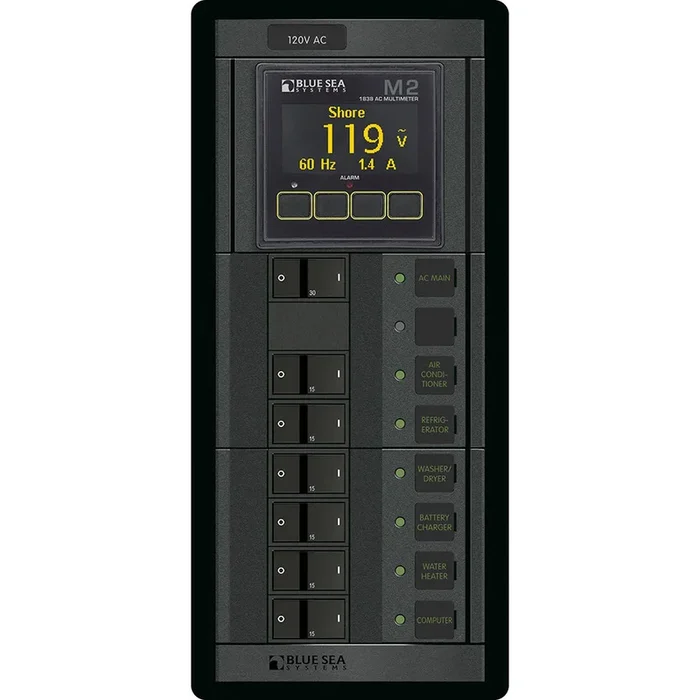 Blue Sea 1505 – 360 Panel – Main + 6 Position 120V AC Flat Rocker w/M2 AC Multimeter