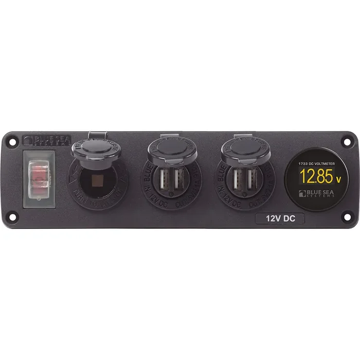 Blue Sea 4368 Water Resistant USB Accessory Panel – 12V Socket, 2x 2.1A Dual USB Chargers, Mini Voltmeter – 4368