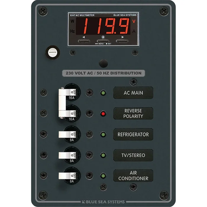 Blue Sea 8505 AC Main + Branch A-Series Toggle Circuit Breaker Panel (230V) – Main + 3 Position