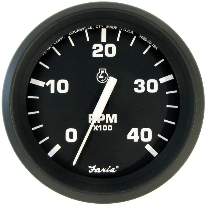 Faria 4in Tachometer Euro Style Black with White Letters 4000RPM Diesel Mechanical Take Off and Variable Ratio Alt.