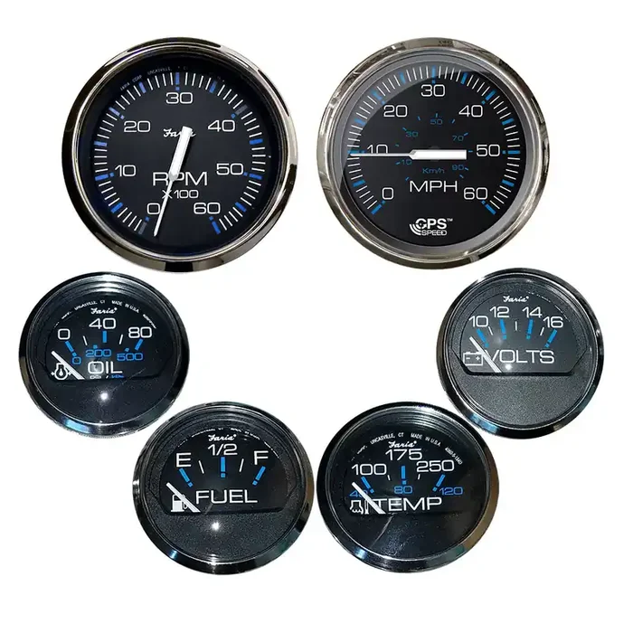 Faria Box Set of 6 Gauges – Speed, Tach, Fuel Level, Voltmeter, Water, Temp & Oil PSI – Chesapeake Black with Stainless Steel Bezel – KTF064