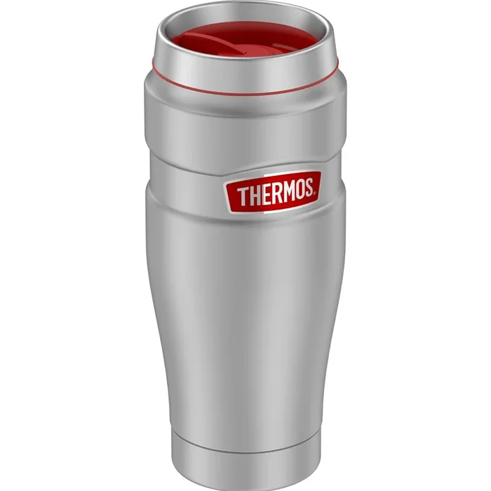 Thermos 16oz Stainless Steel Travel Tumbler – Matte Steel w/Red Badge – 7 Hours Hot/18 Hours Cold