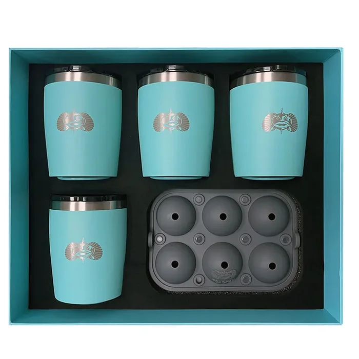 Toadfish Non-Tipping 10oz Teal Rocks Tumblers with Ice Ball Tray – 4 Tumblers